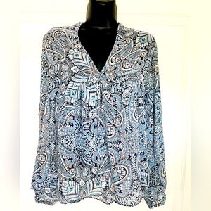 BCBGeneration V-Neck Peasant Semi-Sheer Blouse Paisley Print (Size L)